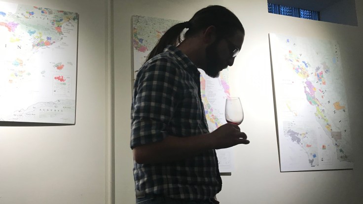 Silhouette of pony-tailed man with wine glass