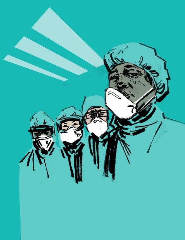 illustration of masked health care workers of different races